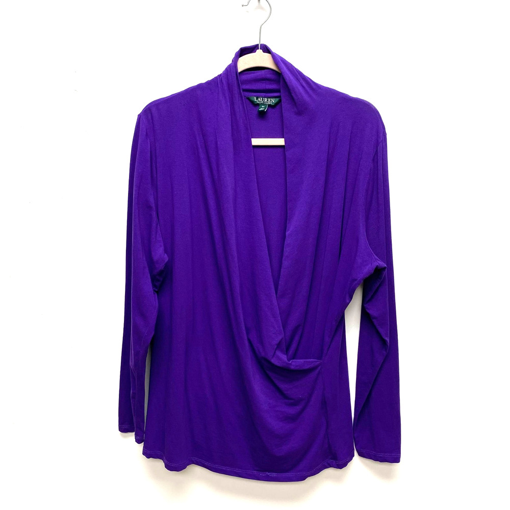Lauren Ralph Lauren Womens Purple V-Neck Faux Wrap Stretch Long Sleeve Top 2X